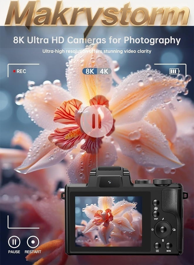 ماكرايستورم كاميرات رقمية بدقة 8K للتصوير الفوتوغرافي - كاميرا فيديو بتقنية واي فاي بدقة 88 ميجابكسل مع ضبط تلقائي للصورة لـ Tiktok مع عدسة مزدوجة - كاميرا فيديو بتقنية التدوين بتقريب رقمي 16X مع غطاء عدسة، بطاقة TF سعة 128 جيجابايت - Image 2